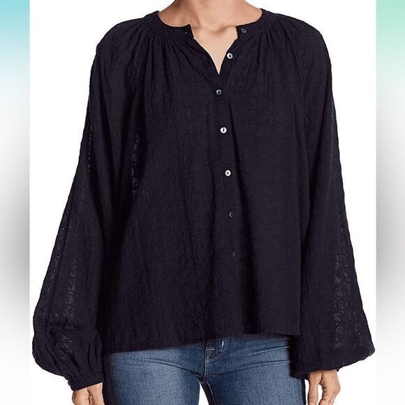 Free People Floral Embroidered Eyelet Oversized Blouse, Navy Blue - Picture 1 of 13